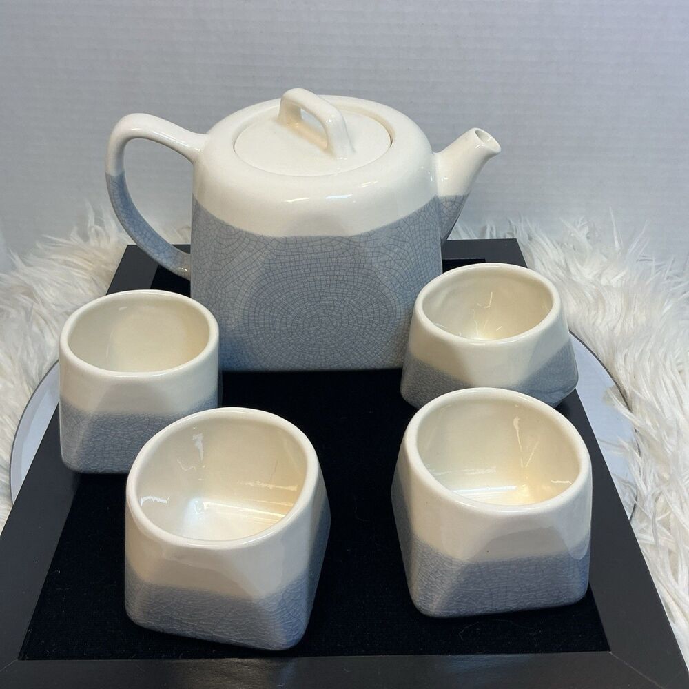 CASAWARE 34OZ Slate Blue Crackle Glaze T-pot & 4  5oz Cups